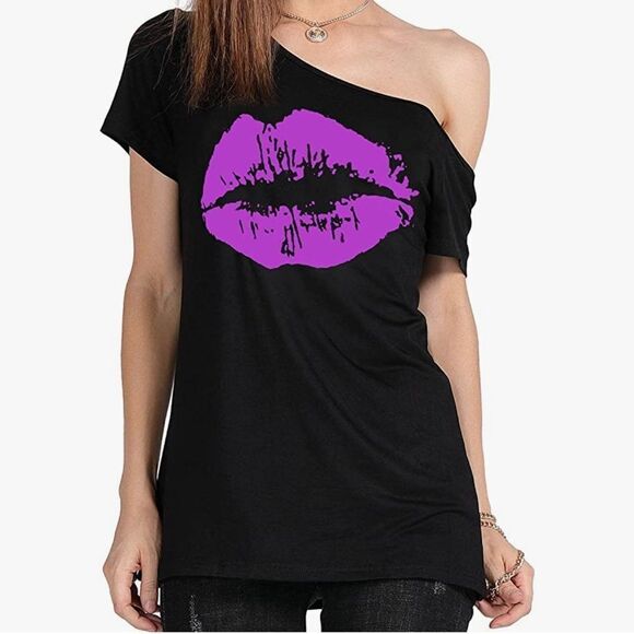 MagicMK Tops - 𝅺⭐️magicmk Short Lips Print Causal Off The Shoulder T-Shirt Top⭐️